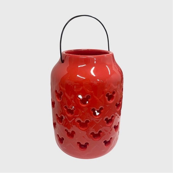 NEW Disney Mickey Mouse Silhouette Glaze Red Ceramic Garden Lantern Handle - Picture 3 of 3